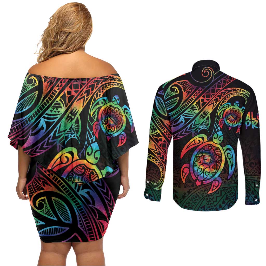 Hawaii Pride Couples Matching Off Shoulder Short Dress and Long Sleeve Button Shirt Rainbow Swirls