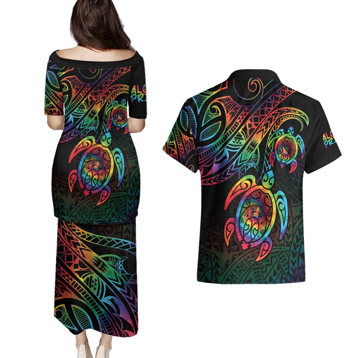 Hawaii Pride Couples Matching Puletasi and Hawaiian Shirt Rainbow Swirls