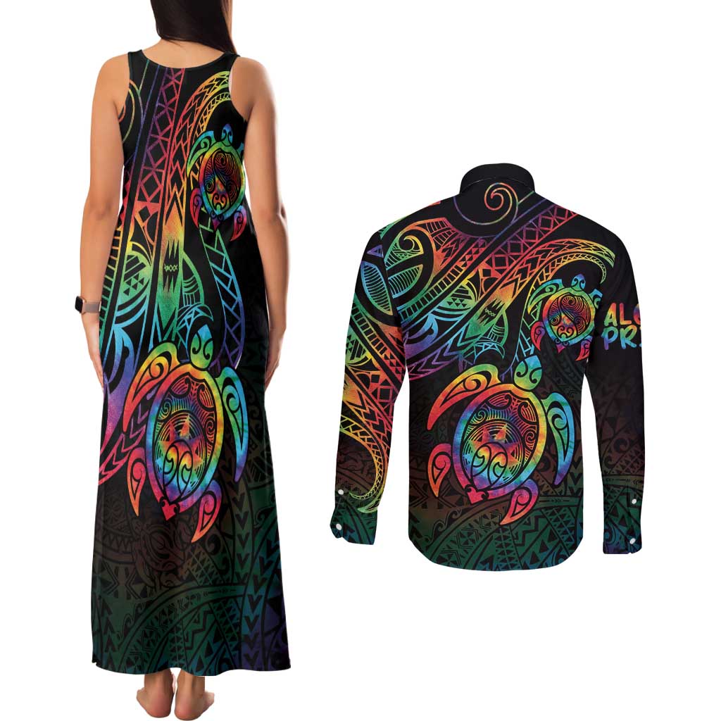 Hawaii Pride Couples Matching Tank Maxi Dress and Long Sleeve Button Shirt Rainbow Swirls