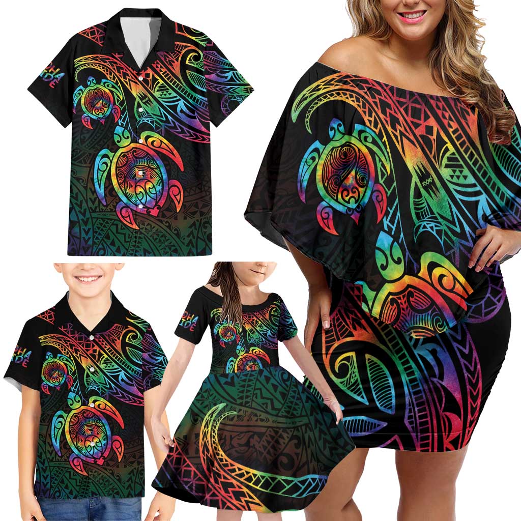 Hawaii Pride Family Matching Off Shoulder Short Dress and Hawaiian Shirt Rainbow Swirls LT7 - Polynesian Pride