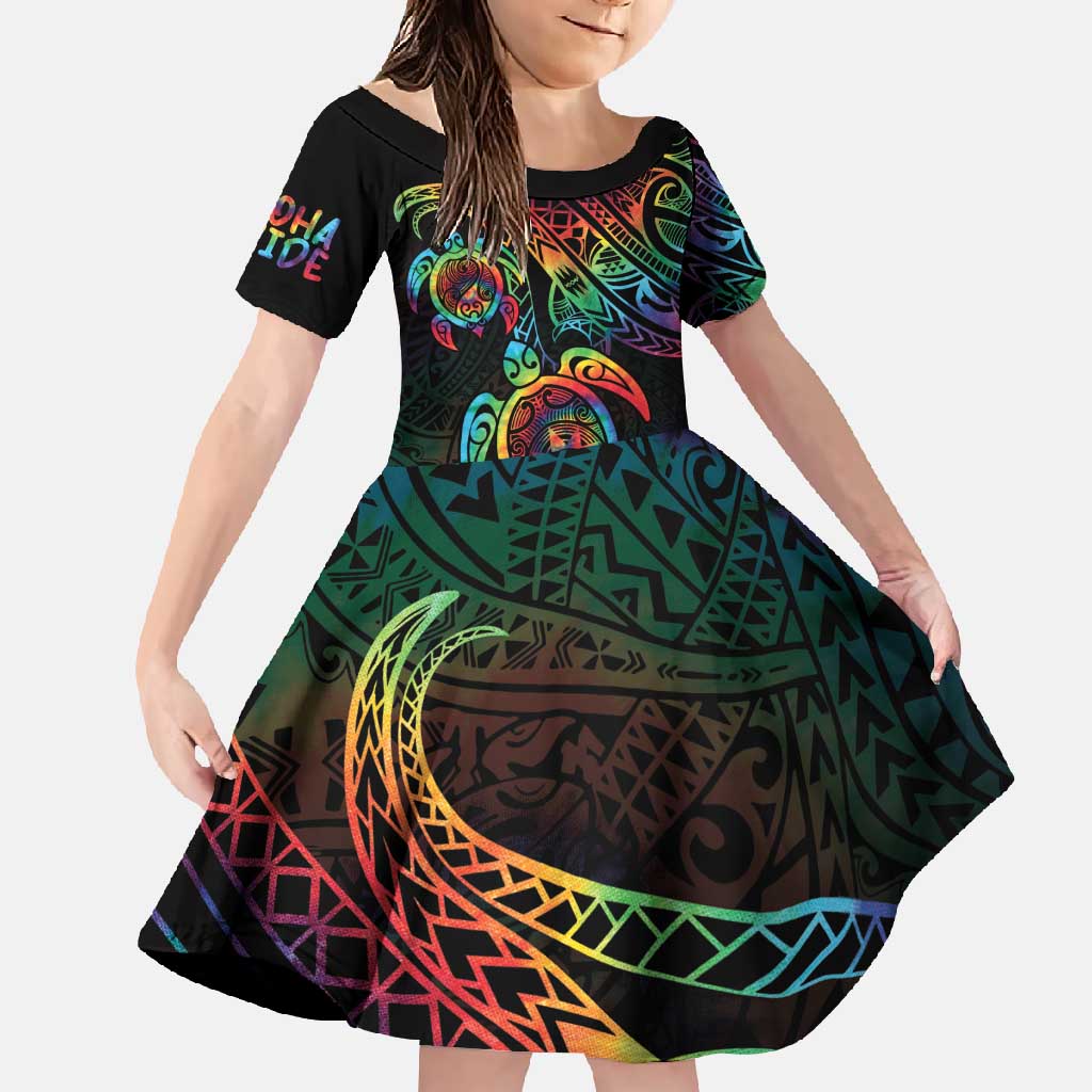 Hawaii Pride Family Matching Short Sleeve Bodycon Dress and Hawaiian Shirt Rainbow Swirls