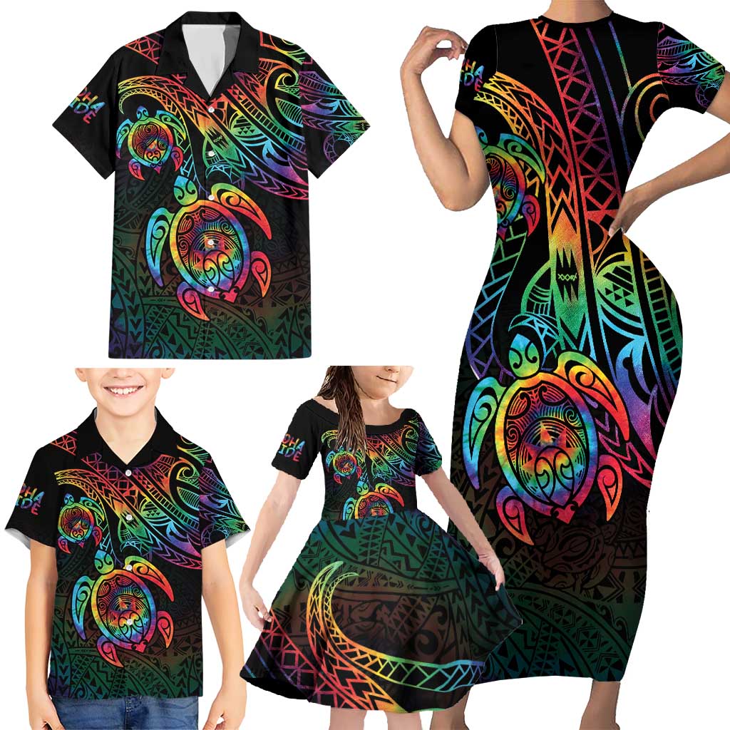 Hawaii Pride Family Matching Short Sleeve Bodycon Dress and Hawaiian Shirt Rainbow Swirls LT7 - Polynesian Pride