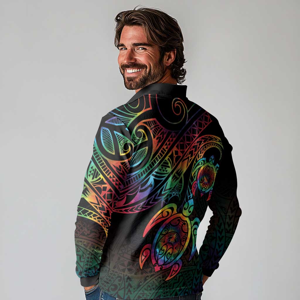 Hawaii Pride Long Sleeve Polo Shirt Rainbow Swirls