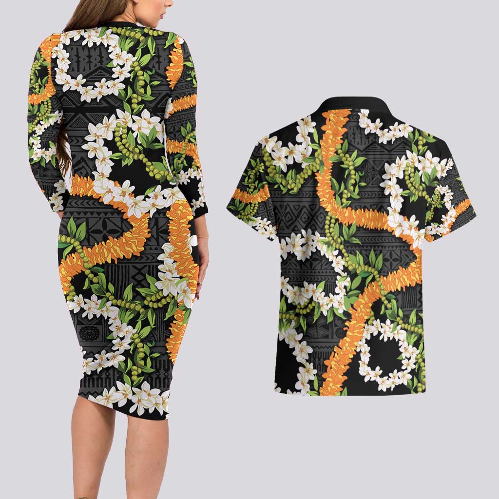 Aloha Festive Hawaii Couples Matching Long Sleeve Bodycon Dress and Hawaiian Shirt Mokihana - Maile and Ilima on Black LT7 - Polynesian Pride