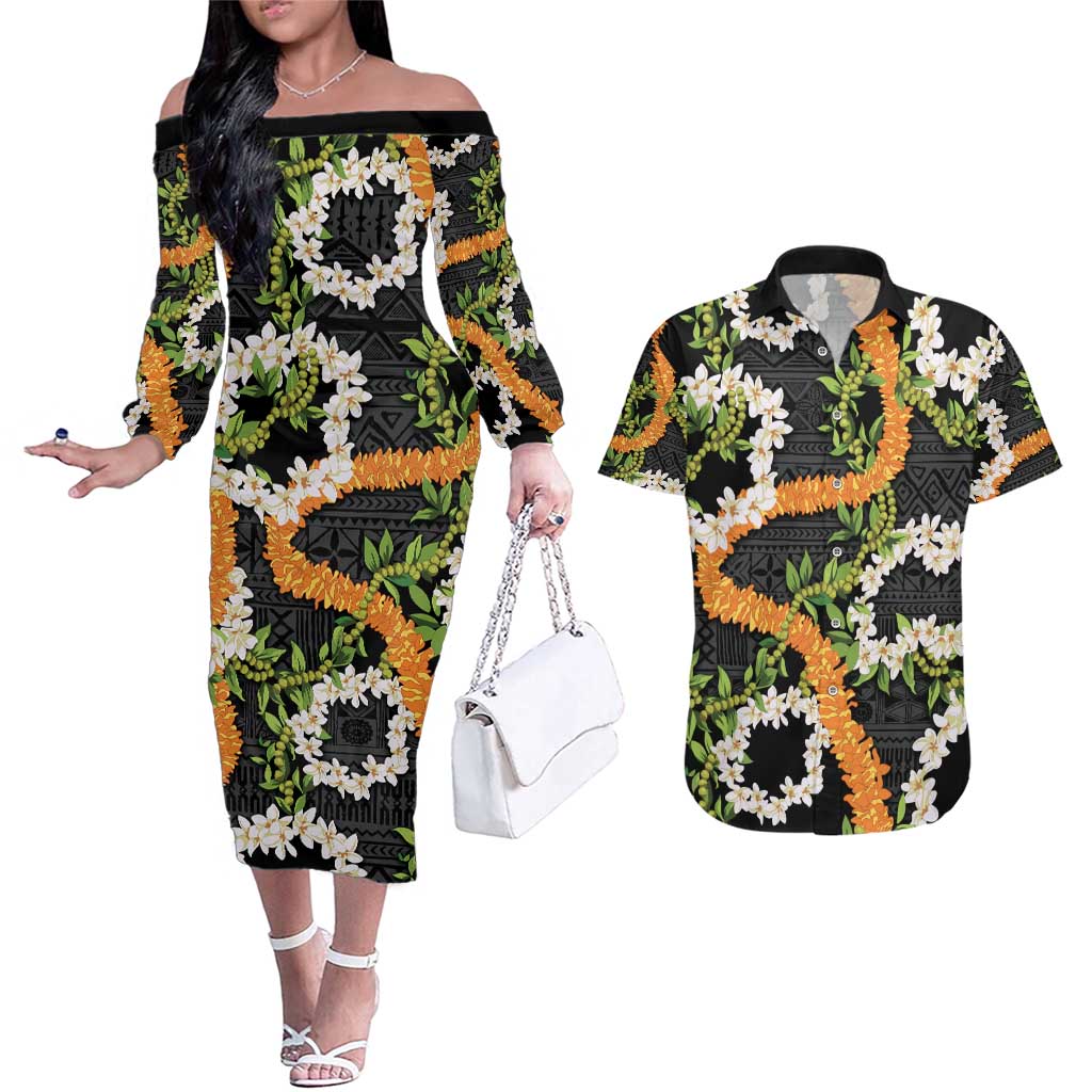 Aloha Festive Hawaii Couples Matching Off The Shoulder Long Sleeve Dress and Hawaiian Shirt Mokihana - Maile and Ilima on Black - Polynesian Pride