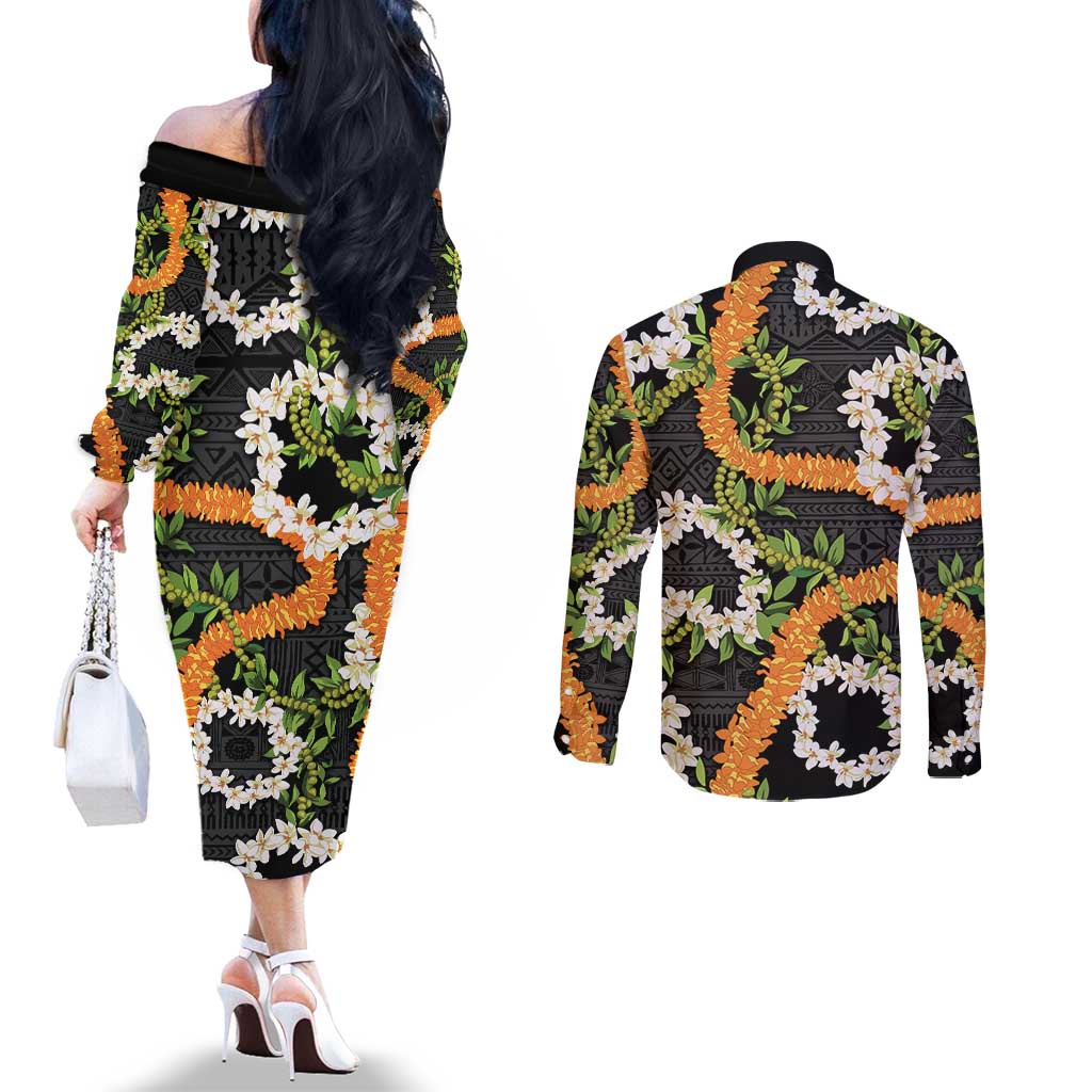 Aloha Festive Hawaii Couples Matching Off The Shoulder Long Sleeve Dress and Long Sleeve Button Shirt Mokihana - Maile and Ilima on Black - Polynesian Pride
