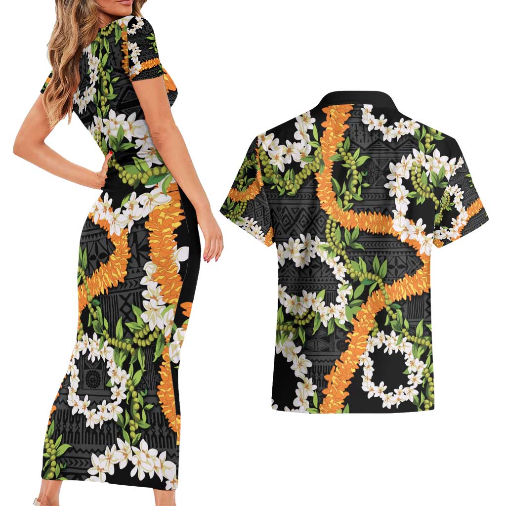 Aloha Festive Hawaii Couples Matching Short Sleeve Bodycon Dress and Hawaiian Shirt Mokihana - Maile and Ilima on Black LT7 - Polynesian Pride