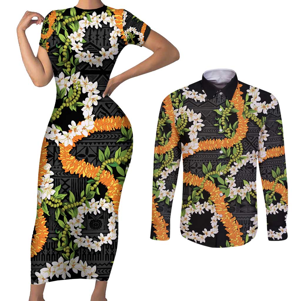 Aloha Festive Hawaii Couples Matching Short Sleeve Bodycon Dress and Long Sleeve Button Shirt Mokihana - Maile and Ilima on Black - Polynesian Pride