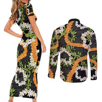 Aloha Festive Hawaii Couples Matching Short Sleeve Bodycon Dress and Long Sleeve Button Shirt Mokihana - Maile and Ilima on Black - Polynesian Pride