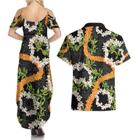 Aloha Festive Hawaii Couples Matching Summer Maxi Dress and Hawaiian Shirt Mokihana - Maile and Ilima on Black LT7 - Polynesian Pride