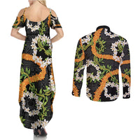 Aloha Festive Hawaii Couples Matching Summer Maxi Dress and Long Sleeve Button Shirt Mokihana - Maile and Ilima on Black - Polynesian Pride