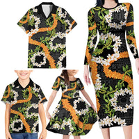 Aloha Festive Hawaii Family Matching Long Sleeve Bodycon Dress and Hawaiian Shirt Mokihana - Maile and Ilima on Black LT7 - Polynesian Pride