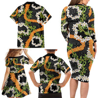 Aloha Festive Hawaii Family Matching Long Sleeve Bodycon Dress and Hawaiian Shirt Mokihana - Maile and Ilima on Black LT7 - Polynesian Pride
