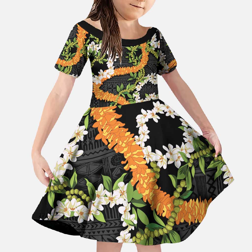Aloha Festive Hawaii Family Matching Mermaid Dress and Hawaiian Shirt Mokihana - Maile and Ilima on Black LT7 Daughter's Dress Black - Polynesian Pride