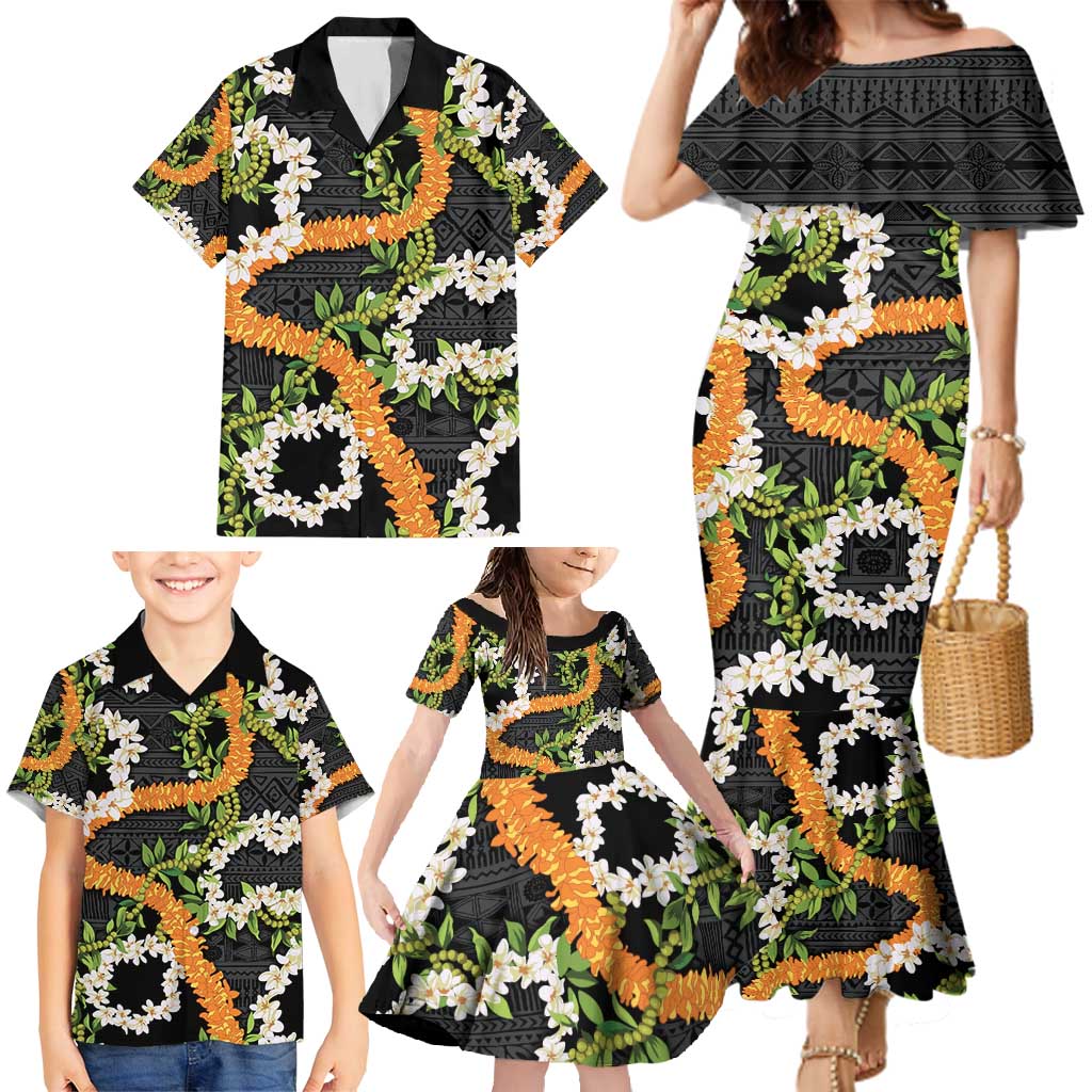 Aloha Festive Hawaii Family Matching Mermaid Dress and Hawaiian Shirt Mokihana - Maile and Ilima on Black - Polynesian Pride