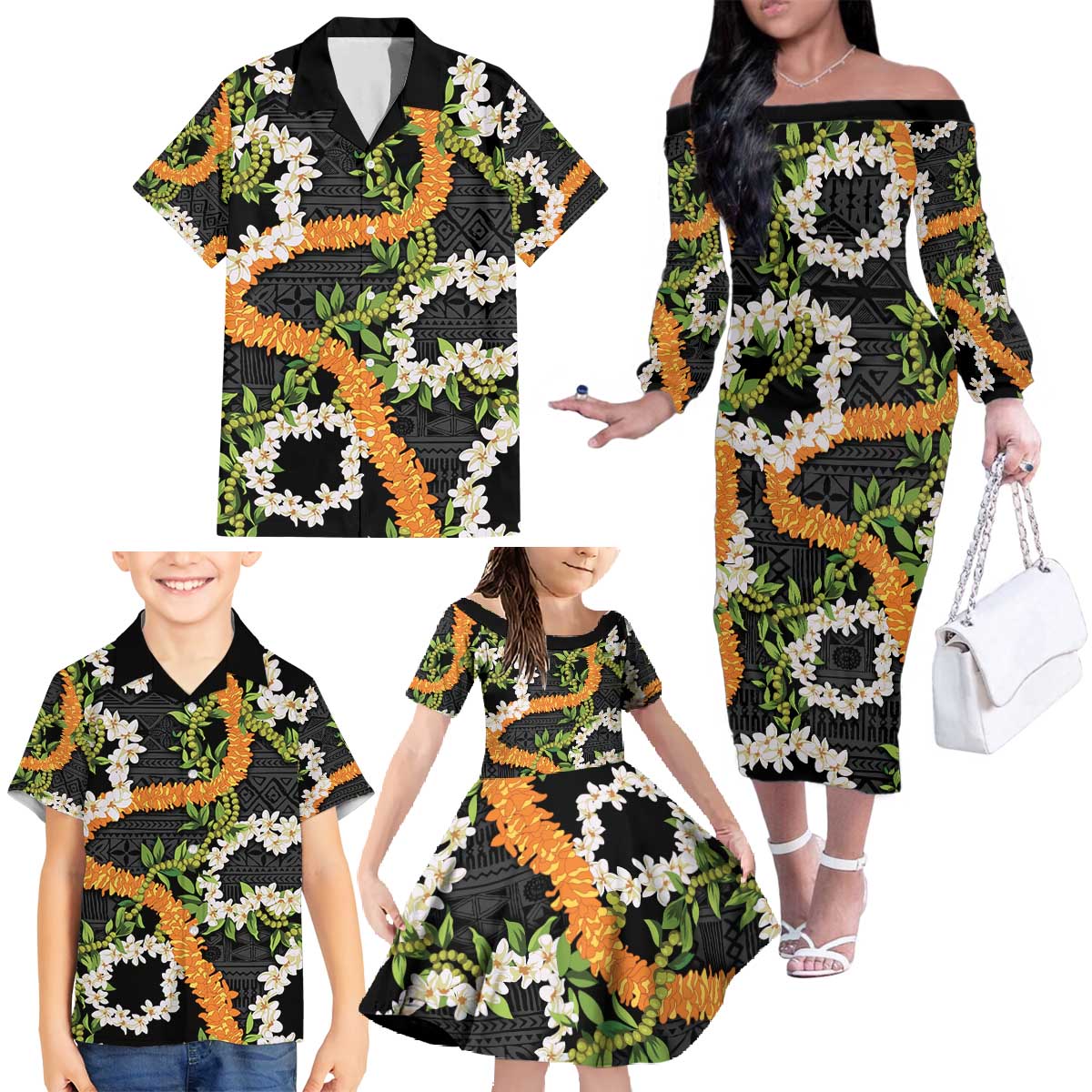 Aloha Festive Hawaii Family Matching Off The Shoulder Long Sleeve Dress and Hawaiian Shirt Mokihana - Maile and Ilima on Black LT7 - Polynesian Pride