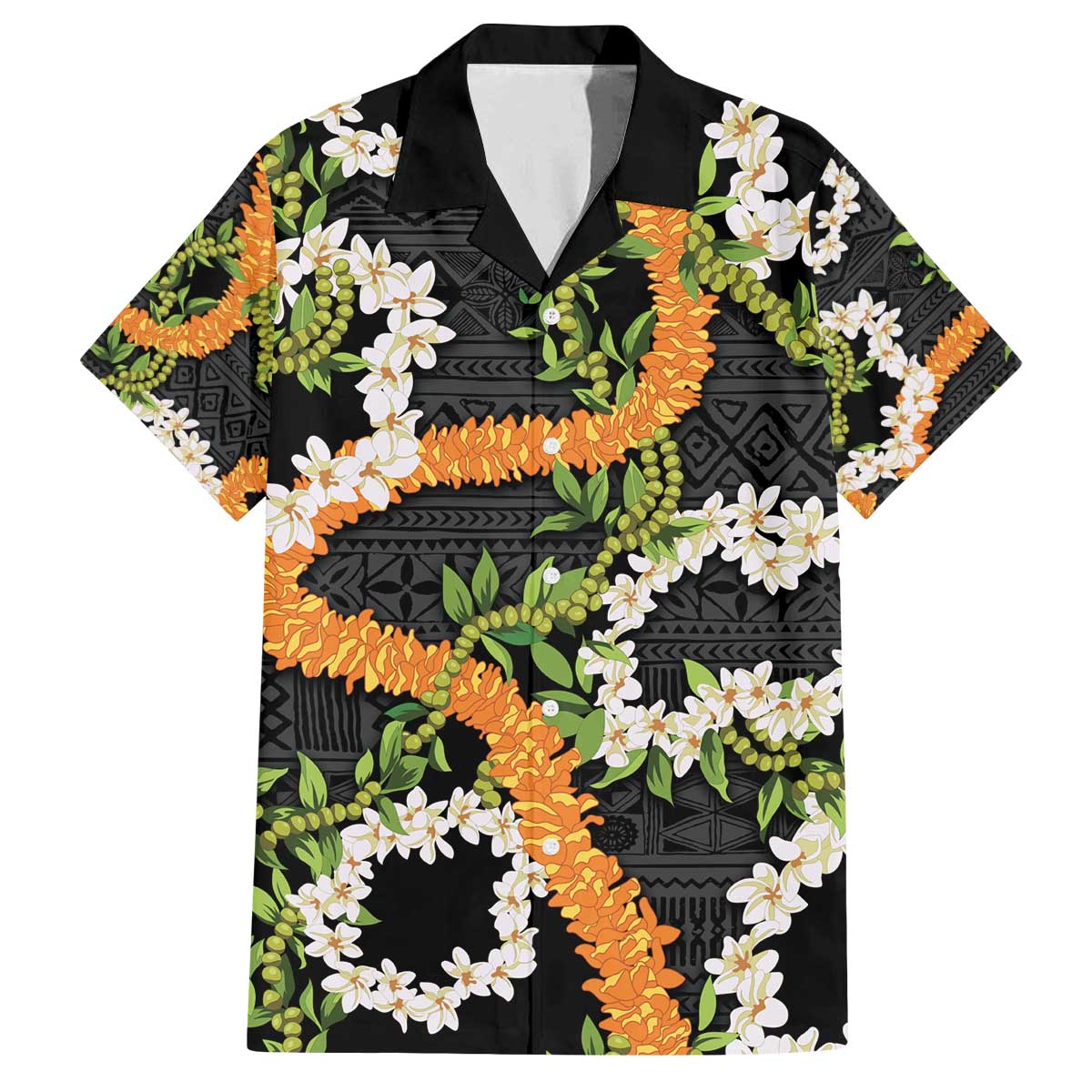 Aloha Festive Hawaii Family Matching Off The Shoulder Long Sleeve Dress and Hawaiian Shirt Mokihana - Maile and Ilima on Black LT7 Dad's Shirt - Short Sleeve Black - Polynesian Pride