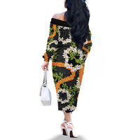 Aloha Festive Hawaii Family Matching Off The Shoulder Long Sleeve Dress and Hawaiian Shirt Mokihana - Maile and Ilima on Black LT7 - Polynesian Pride
