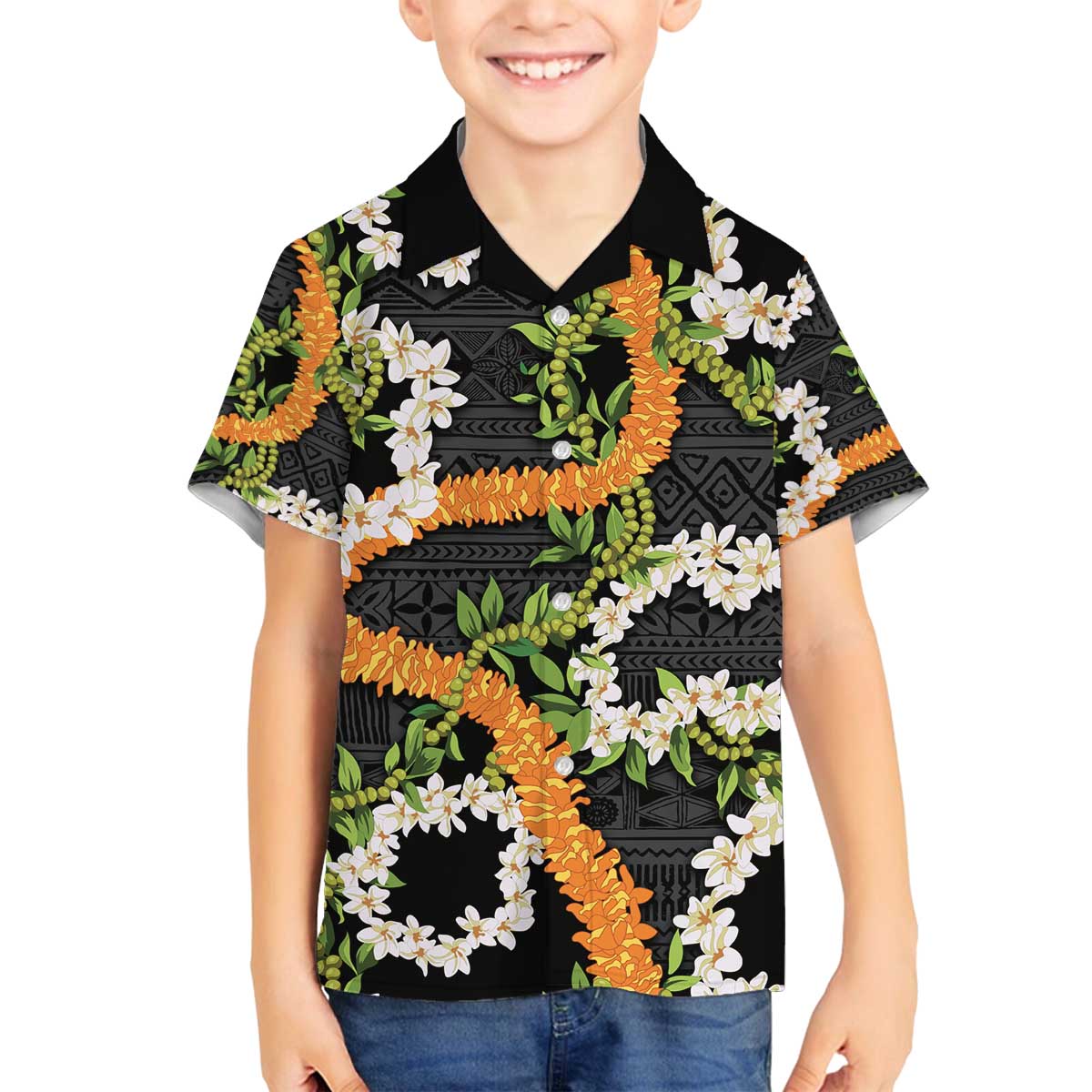 Aloha Festive Hawaii Family Matching Off The Shoulder Long Sleeve Dress and Hawaiian Shirt Mokihana - Maile and Ilima on Black LT7 Son's Shirt Black - Polynesian Pride