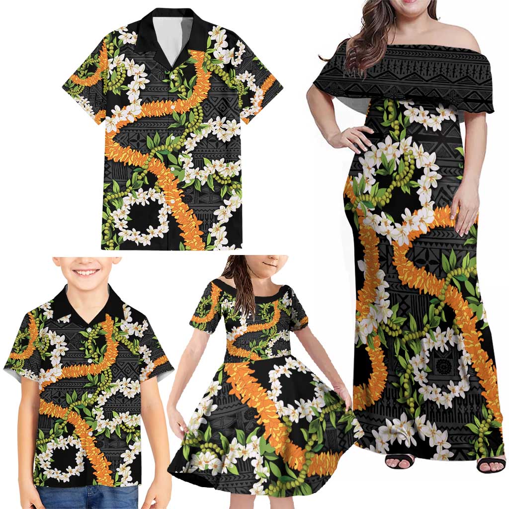 Aloha Festive Hawaii Family Matching Off Shoulder Maxi Dress and Hawaiian Shirt Mokihana - Maile and Ilima on Black LT7 - Polynesian Pride
