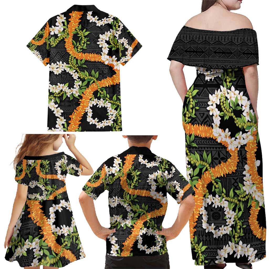 Aloha Festive Hawaii Family Matching Off Shoulder Maxi Dress and Hawaiian Shirt Mokihana - Maile and Ilima on Black LT7 - Polynesian Pride