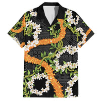 Aloha Festive Hawaii Family Matching Off Shoulder Maxi Dress and Hawaiian Shirt Mokihana - Maile and Ilima on Black LT7 Dad's Shirt - Short Sleeve Black - Polynesian Pride