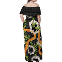 Aloha Festive Hawaii Family Matching Off Shoulder Maxi Dress and Hawaiian Shirt Mokihana - Maile and Ilima on Black LT7 - Polynesian Pride