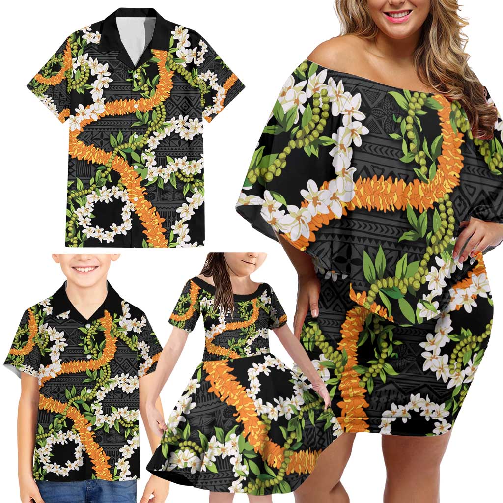 Aloha Festive Hawaii Family Matching Off Shoulder Short Dress and Hawaiian Shirt Mokihana - Maile and Ilima on Black LT7 - Polynesian Pride