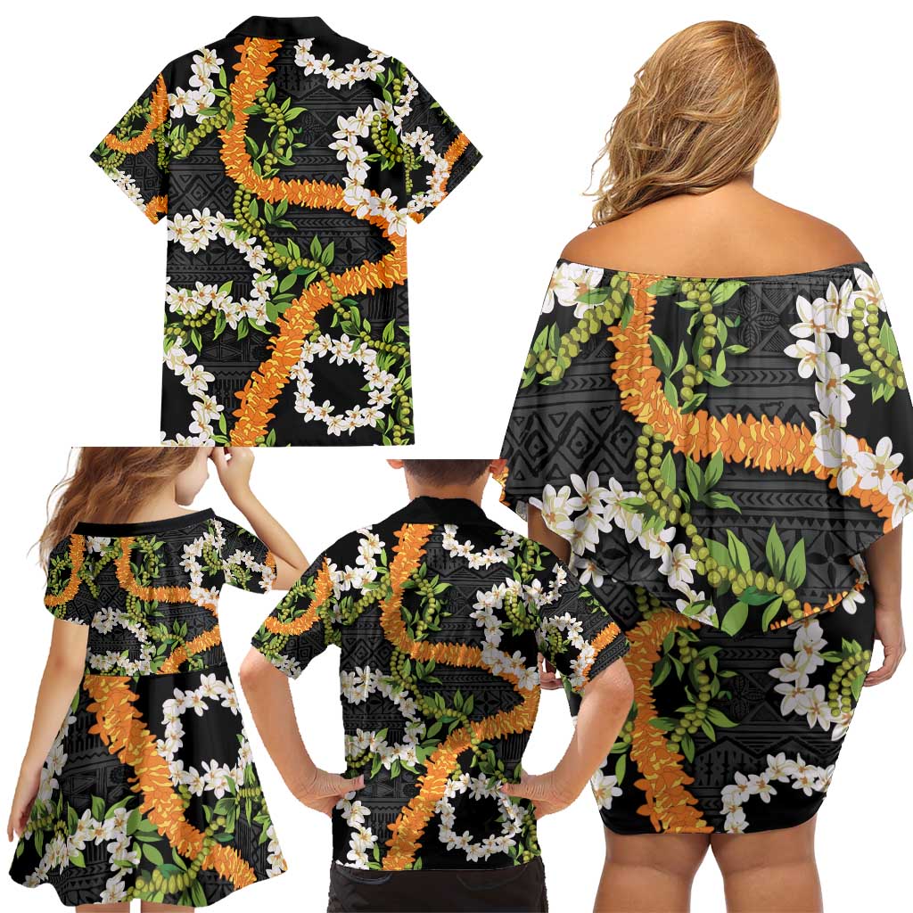 Aloha Festive Hawaii Family Matching Off Shoulder Short Dress and Hawaiian Shirt Mokihana - Maile and Ilima on Black LT7 - Polynesian Pride