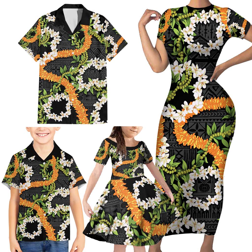 Aloha Festive Hawaii Family Matching Short Sleeve Bodycon Dress and Hawaiian Shirt Mokihana - Maile and Ilima on Black LT7 - Polynesian Pride