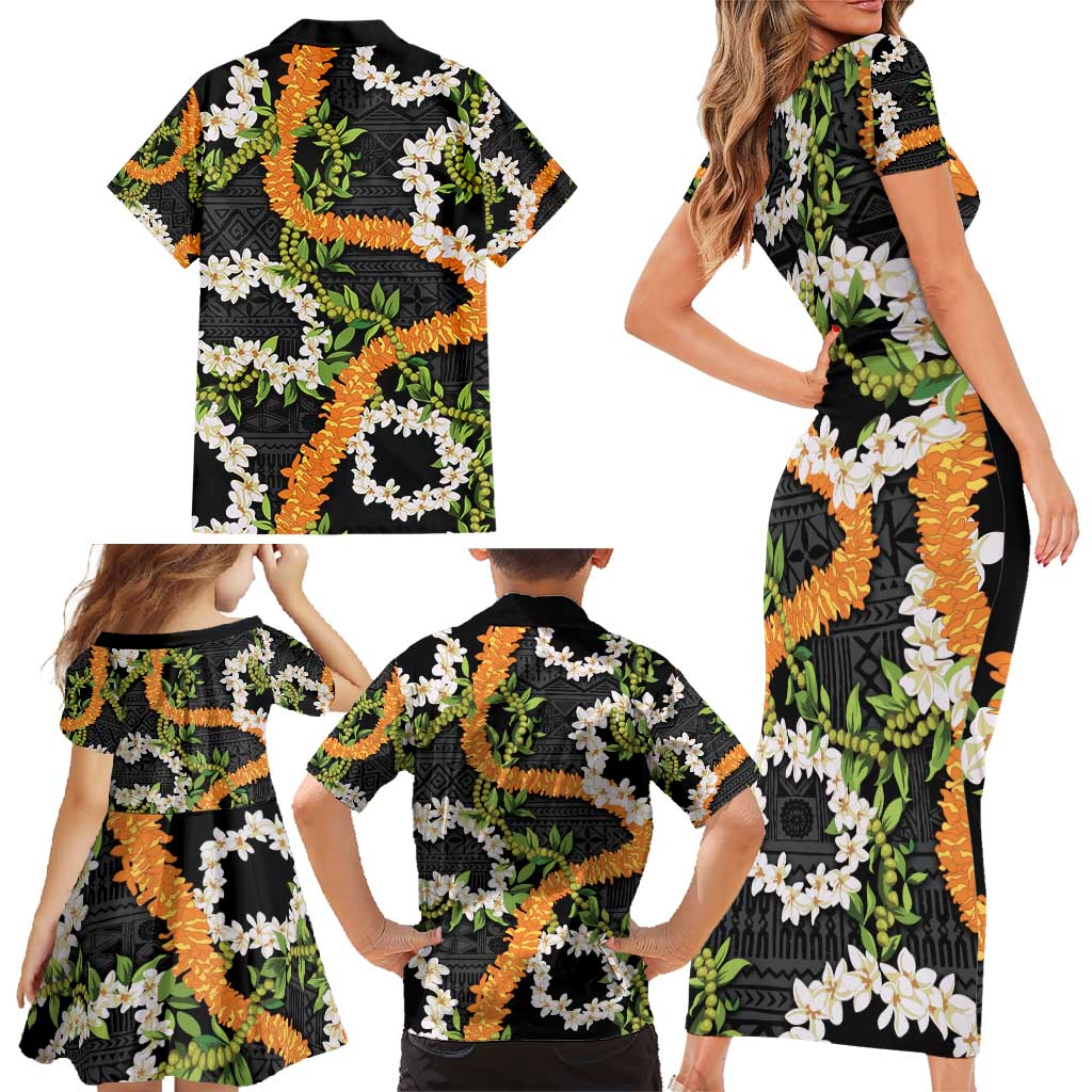 Aloha Festive Hawaii Family Matching Short Sleeve Bodycon Dress and Hawaiian Shirt Mokihana - Maile and Ilima on Black LT7 - Polynesian Pride