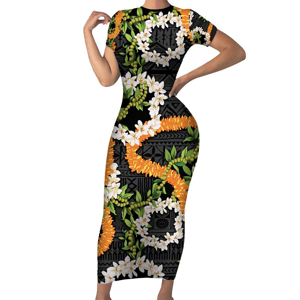 Aloha Festive Hawaii Family Matching Short Sleeve Bodycon Dress and Hawaiian Shirt Mokihana - Maile and Ilima on Black LT7 Mom's Dress Black - Polynesian Pride