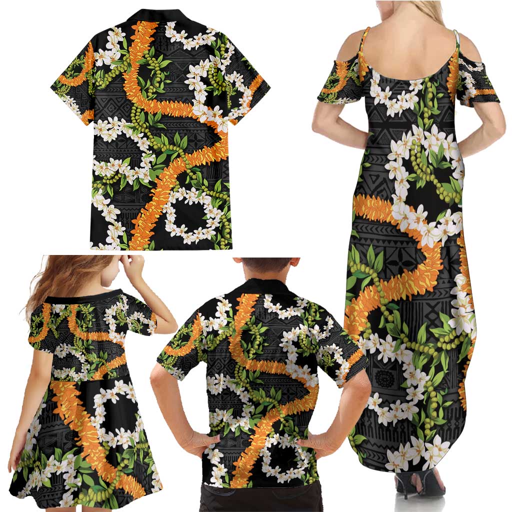 Aloha Festive Hawaii Family Matching Summer Maxi Dress and Hawaiian Shirt Mokihana - Maile and Ilima on Black LT7 - Polynesian Pride