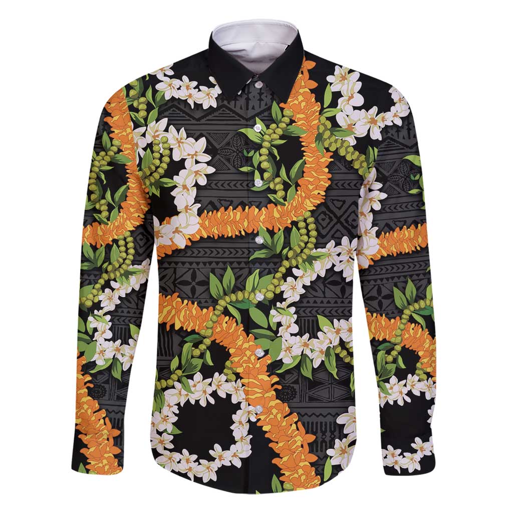Aloha Festive Hawaii Family Matching Tank Maxi Dress and Hawaiian Shirt Mokihana - Maile and Ilima on Black LT7 Dad's Shirt - Long Sleeve Black - Polynesian Pride