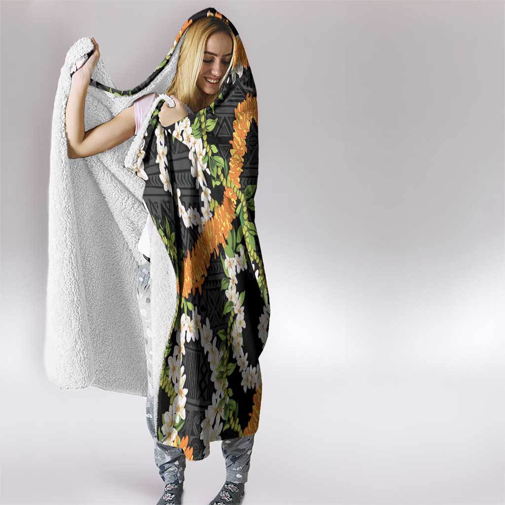 Aloha Festive Hawaii Hooded Blanket Mokihana - Maile and Ilima on Black - Polynesian Pride
