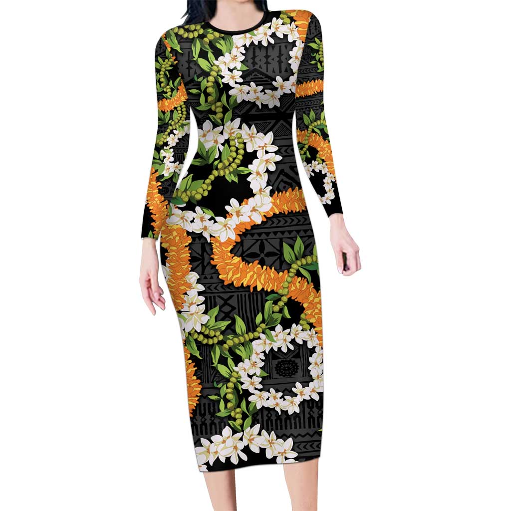 Aloha Festive Hawaii Long Sleeve Bodycon Dress Mokihana - Maile and Ilima on Black - Polynesian Pride
