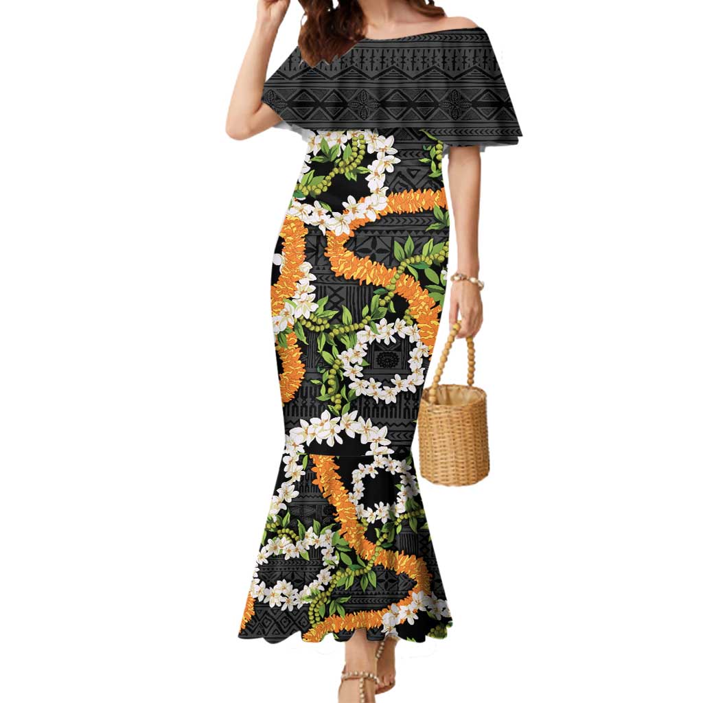 Aloha Festive Hawaii Mermaid Dress Mokihana - Maile and Ilima on Black - Polynesian Pride