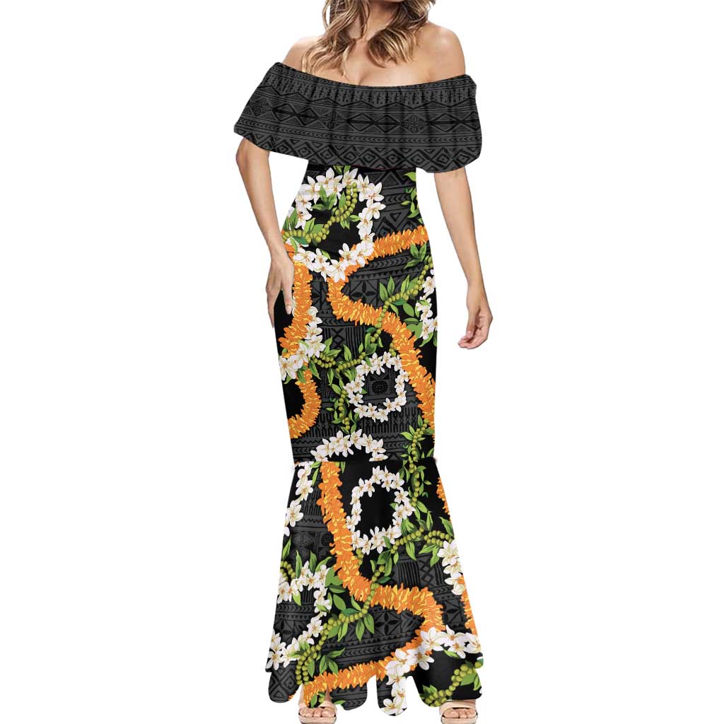 Aloha Festive Hawaii Mermaid Dress Mokihana - Maile and Ilima on Black - Polynesian Pride