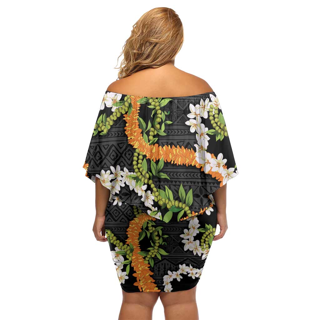 Aloha Festive Hawaii Off Shoulder Short Dress Mokihana - Maile and Ilima on Black - Polynesian Pride