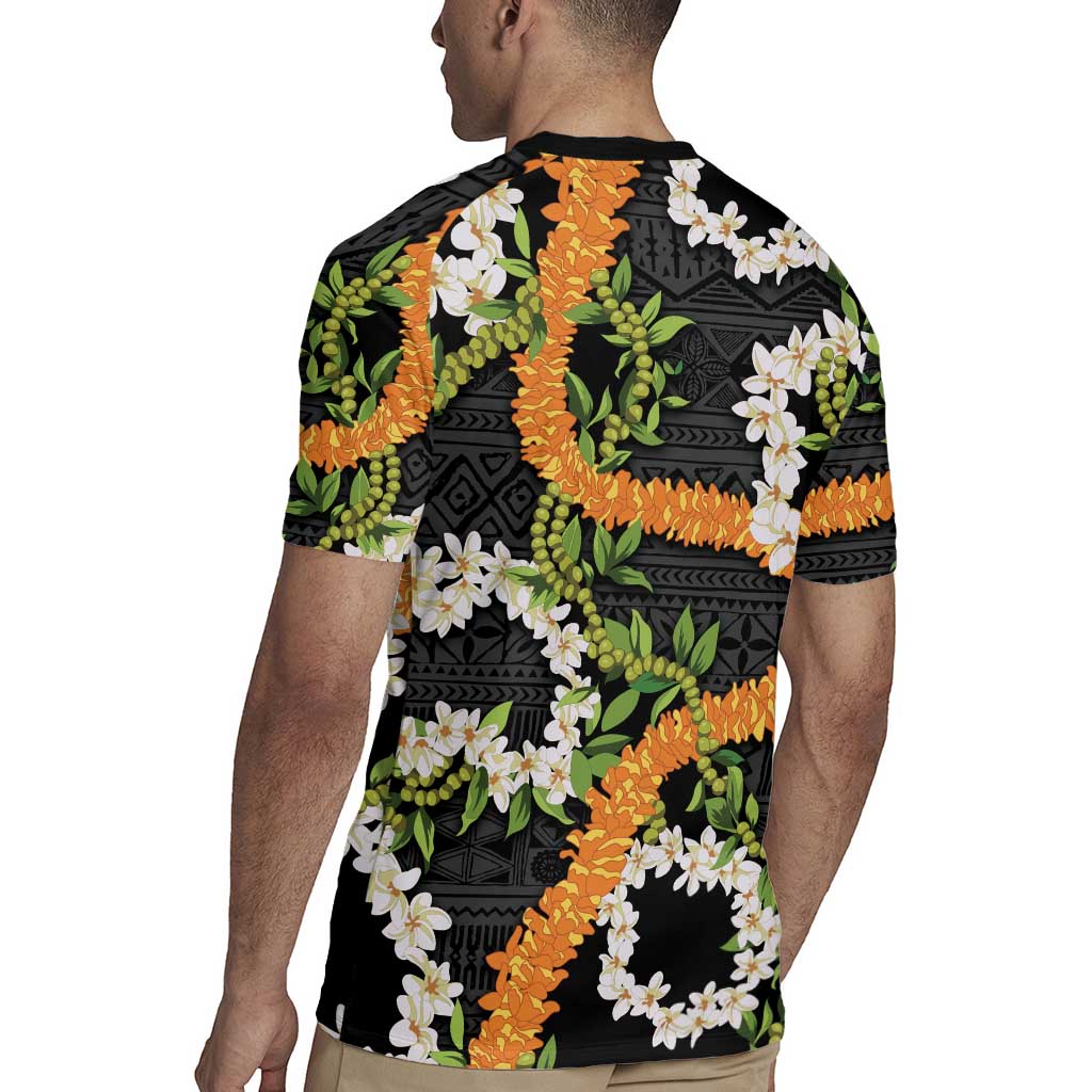 Aloha Festive Hawaii Rugby Jersey Mokihana - Maile and Ilima on Black - Polynesian Pride