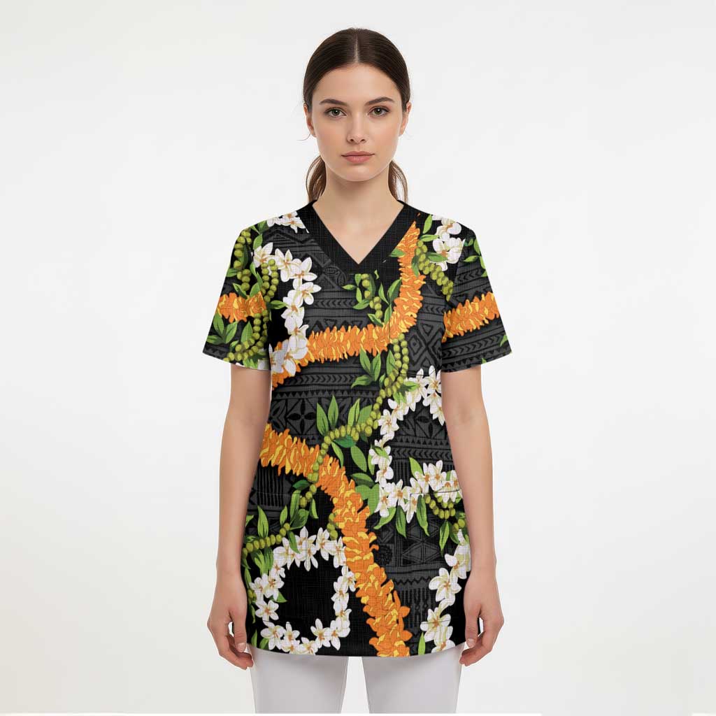 Aloha Festive Hawaii Scrub Top Mokihana - Maile and Ilima on Black - Polynesian Pride