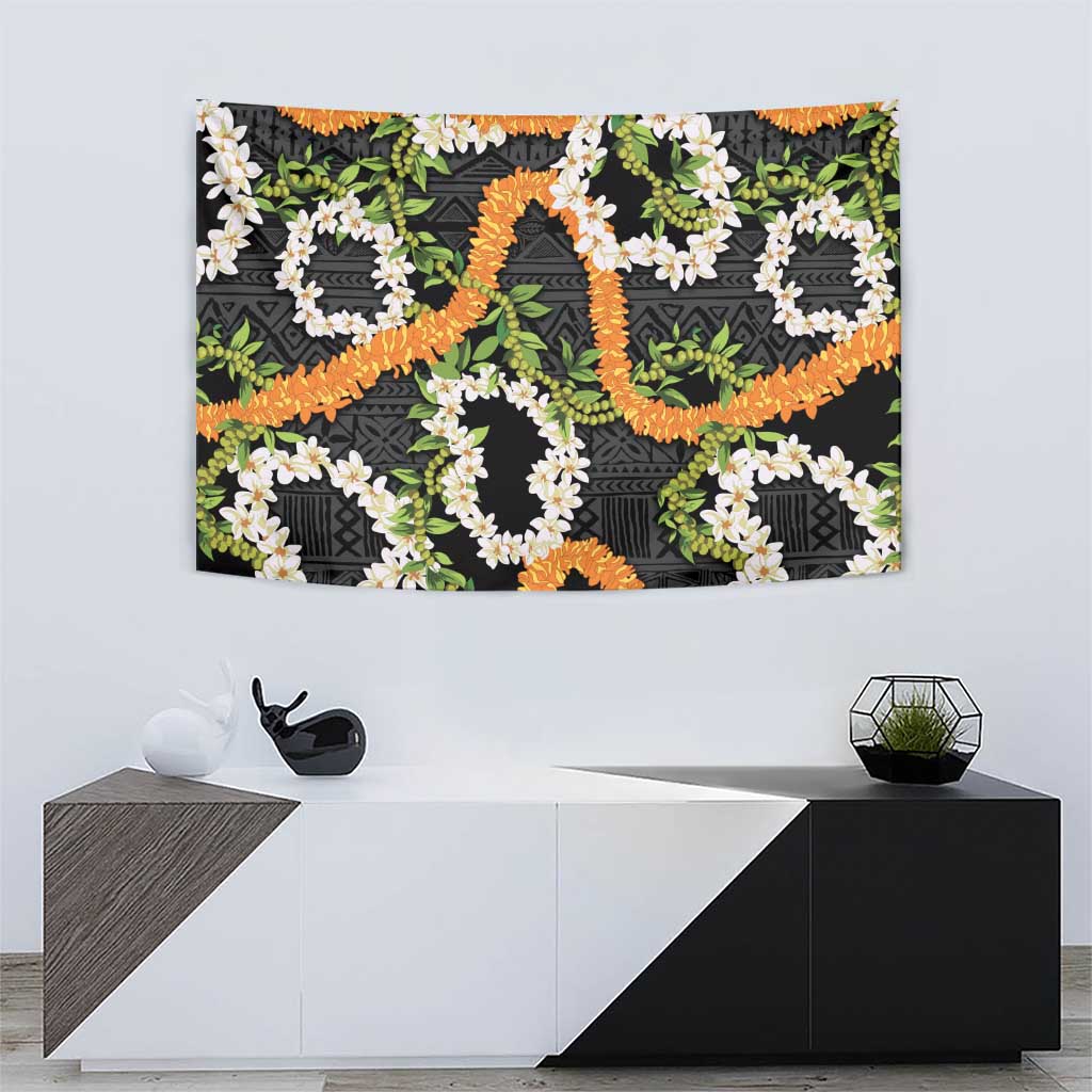Aloha Festive Hawaii Tapestry Mokihana - Maile and Ilima on Black - Polynesian Pride