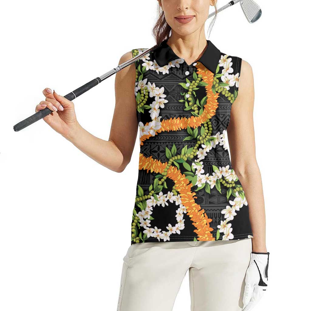 Aloha Festive Hawaii Women Sleeveless Polo Shirt Mokihana - Maile and Ilima on Black - Polynesian Pride