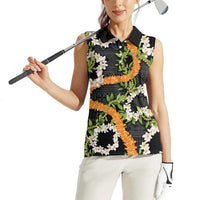 Aloha Festive Hawaii Women Sleeveless Polo Shirt Mokihana - Maile and Ilima on Black - Polynesian Pride