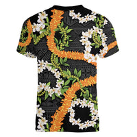 Aloha Festive Hawaii Women V-Neck T-Shirt Mokihana - Maile and Ilima on Black - Polynesian Pride