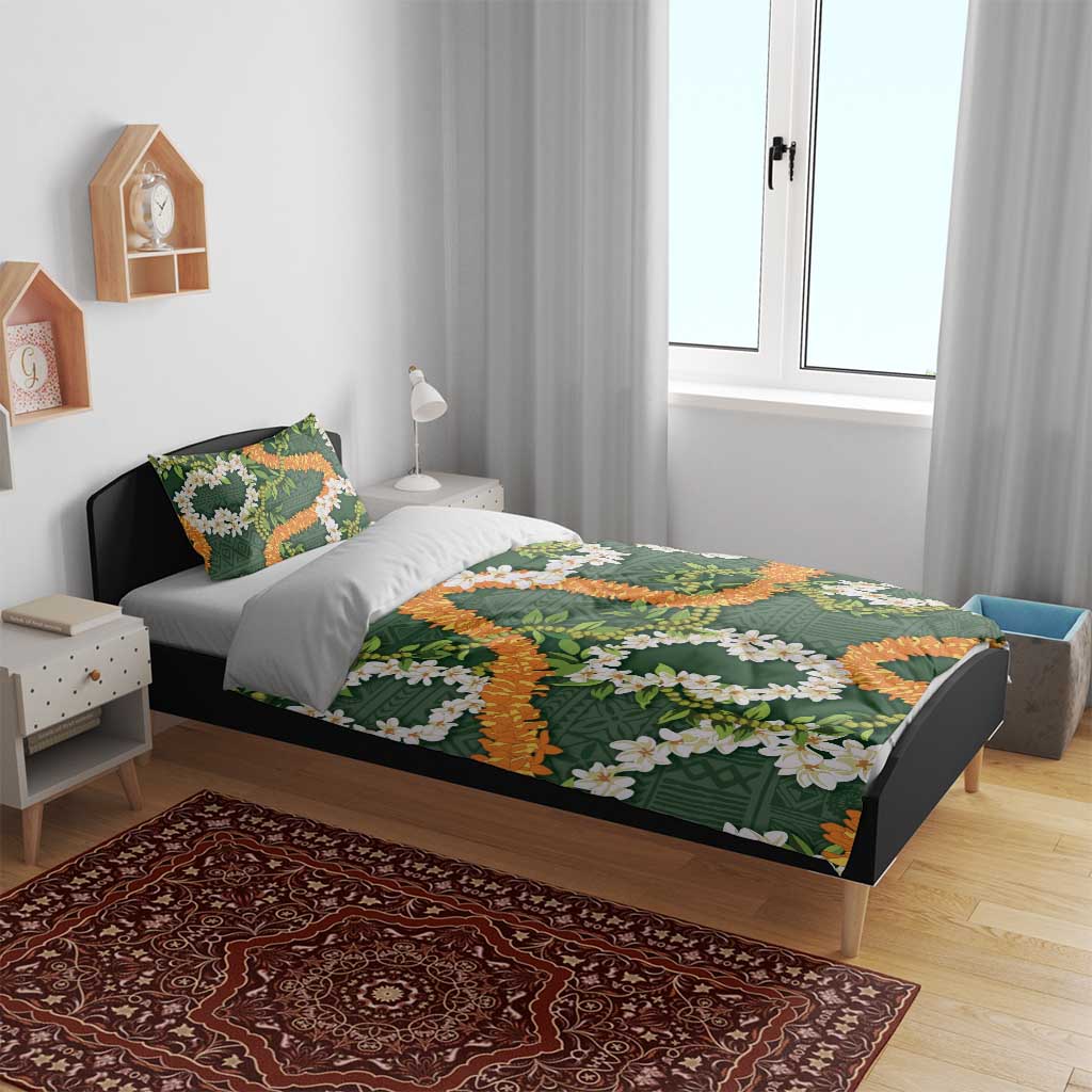 Aloha Festive Hawaii Bedding Set Mokihana - Maile and Ilima on Forest Green - Polynesian Pride