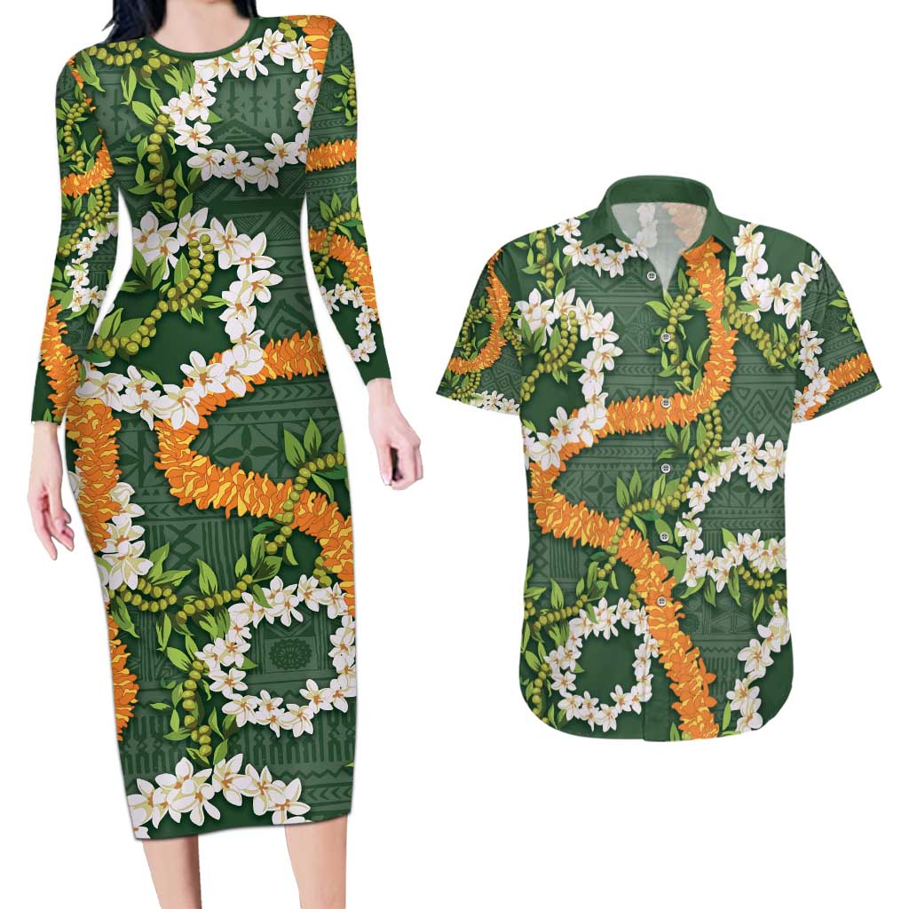 Aloha Festive Hawaii Couples Matching Long Sleeve Bodycon Dress and Hawaiian Shirt Mokihana - Maile and Ilima on Forest Green LT7 Forest Green - Polynesian Pride