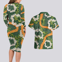 Aloha Festive Hawaii Couples Matching Long Sleeve Bodycon Dress and Hawaiian Shirt Mokihana - Maile and Ilima on Forest Green LT7 - Polynesian Pride