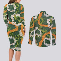 Aloha Festive Hawaii Couples Matching Long Sleeve Bodycon Dress and Long Sleeve Button Shirt Mokihana - Maile and Ilima on Forest Green LT7 - Polynesian Pride