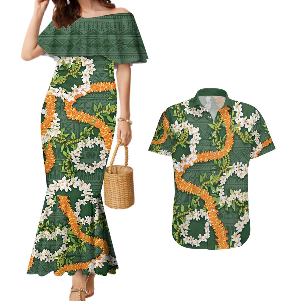Aloha Festive Hawaii Couples Matching Mermaid Dress and Hawaiian Shirt Mokihana - Maile and Ilima on Forest Green LT7 Forest Green - Polynesian Pride